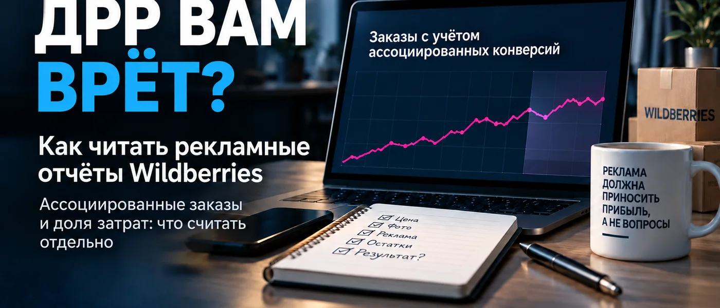 Рекламный отчёт Wildberries с графиком заказов и подписью об ассоциированных конверсиях